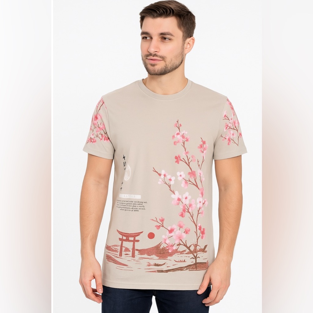 Fresh Laundry Japanese Cherry Blossom T-Shirt Men’s S Beige Pink Graphic